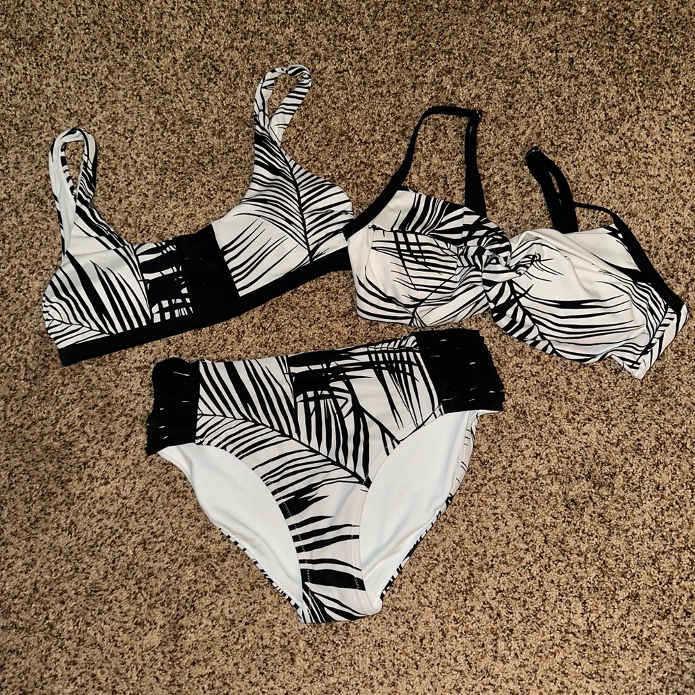 Black and White Leaf Print Bikini Set